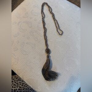 Elegant Gray Beaded Necklace with Tassel